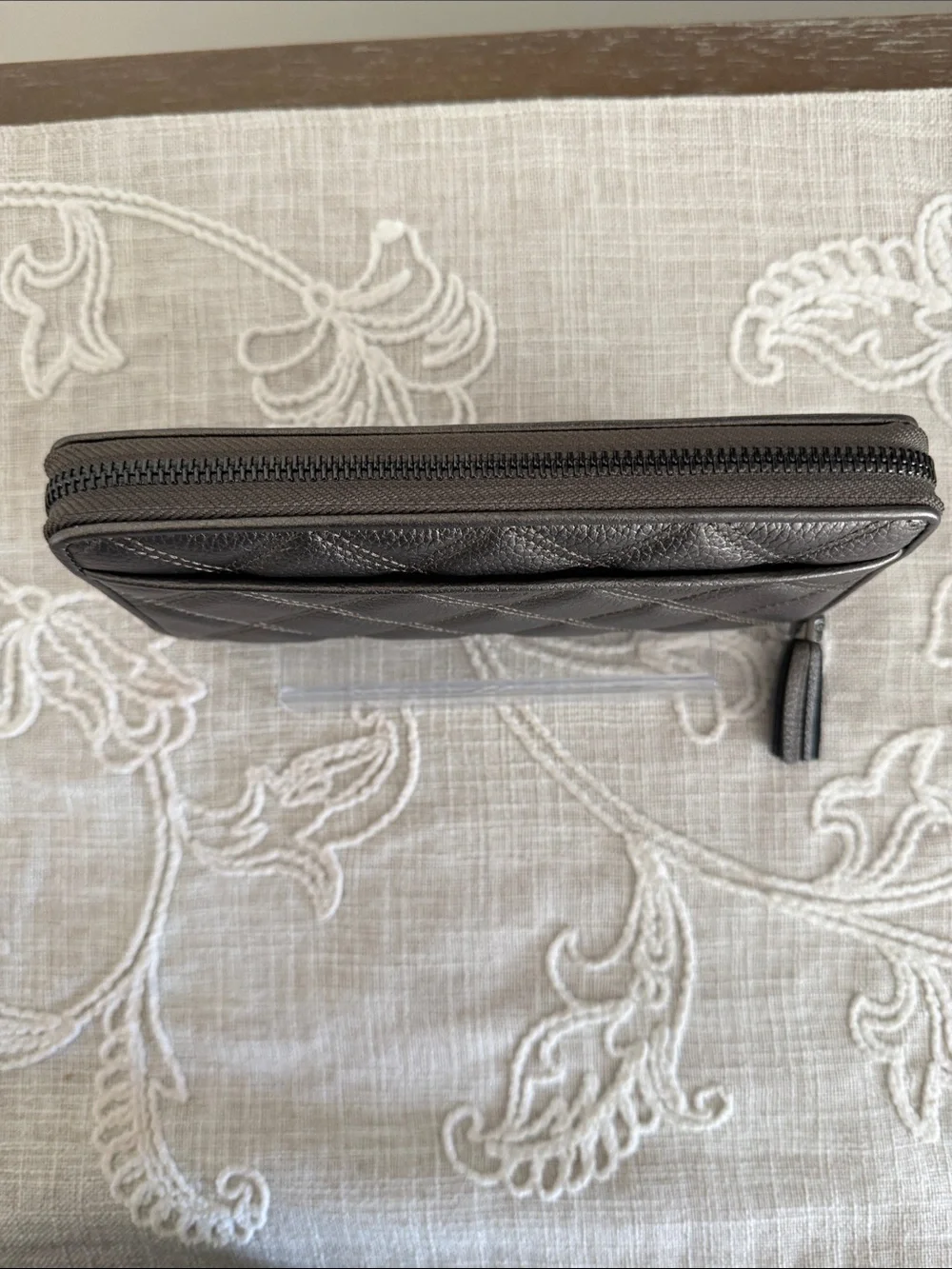 Cole Haan Quilted Metallic Grey Pewter Zip Around Wallet with Tassel Pull